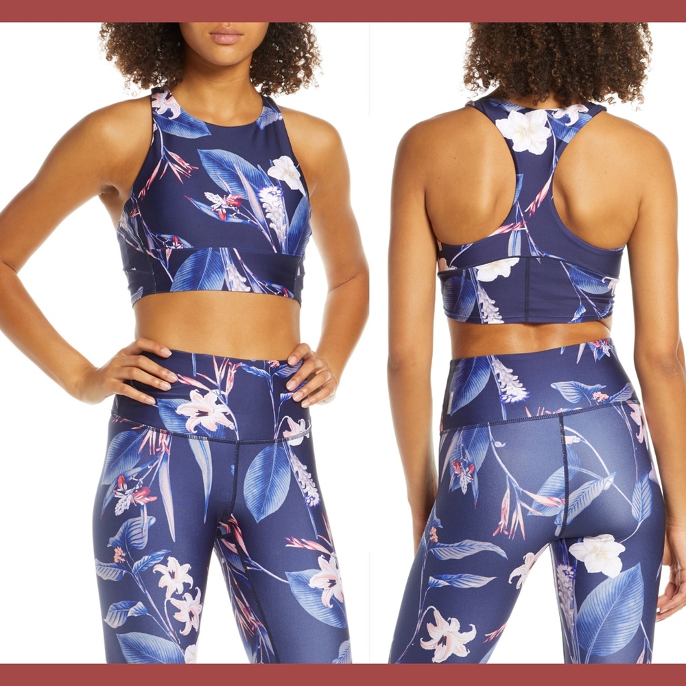 NEW $40 Zella Floral Stardust Racerback Padded Sports Bra in Blue [SZ XS‎ ]
